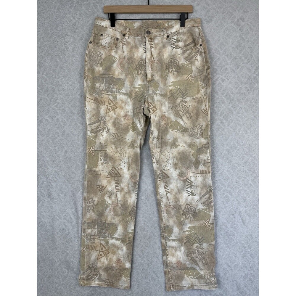 Vtg Chicos Design Jeans Womens L/14/2.5 Tan Denim Tribal Egyptian Wearable Artsy